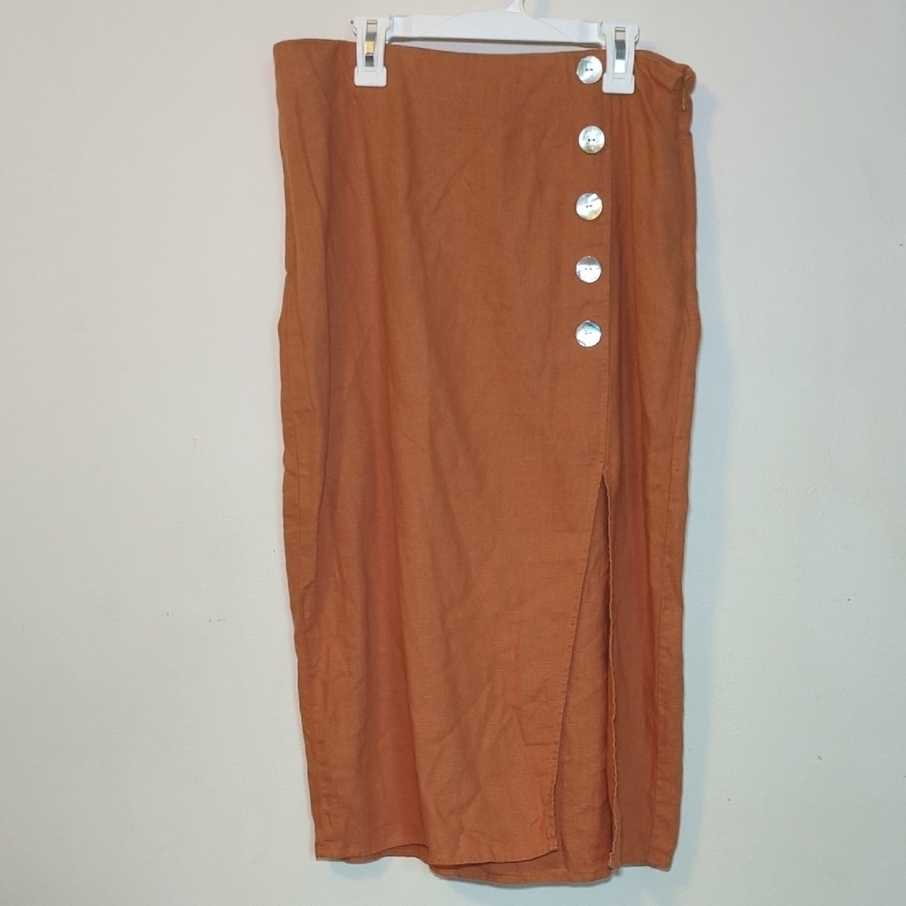Marc New York Linen-Viscose Midi Skirt with High Slit Rust Orange Women's Size S